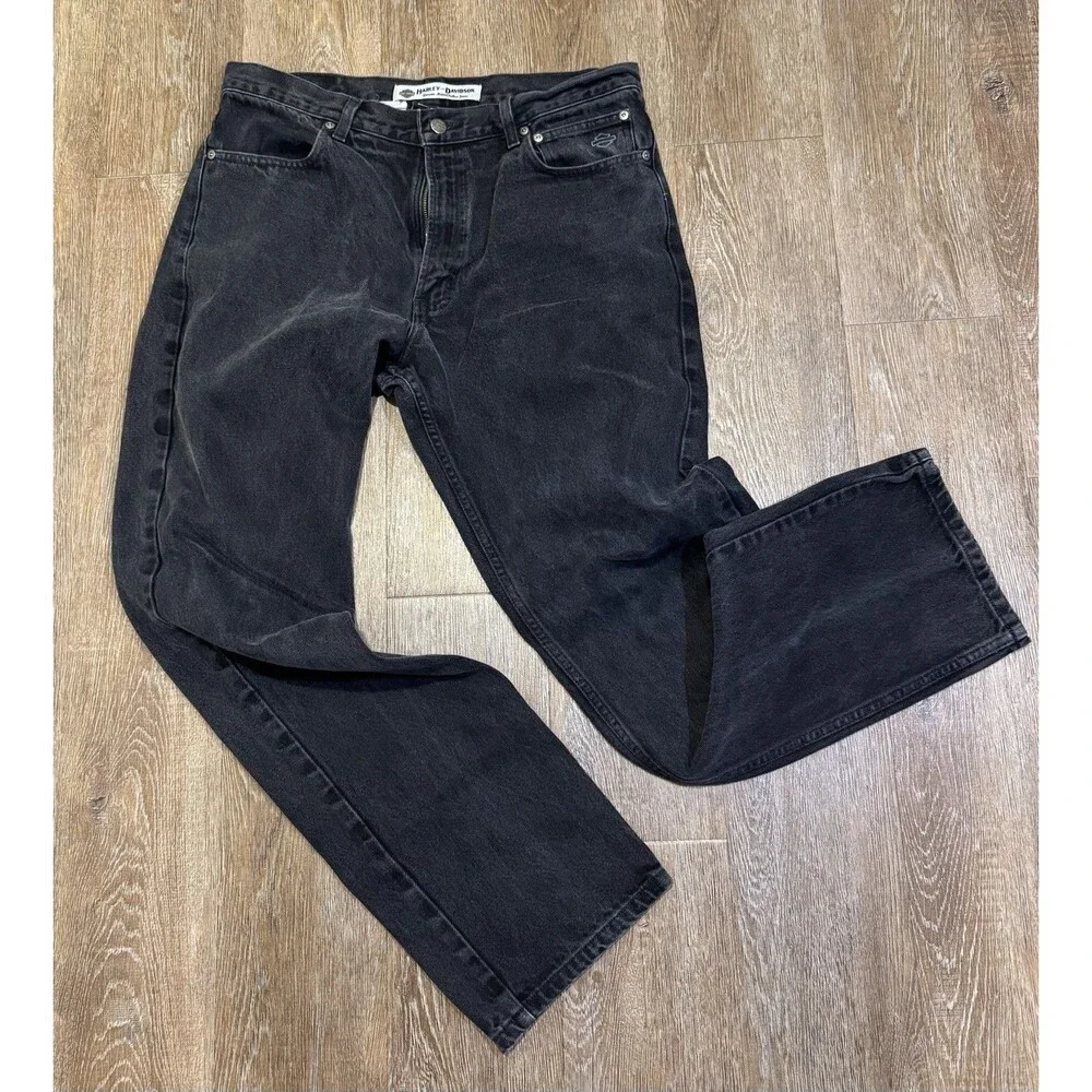 Harley Davidson Jeans Mens 36x34 Black Denim Straight Leg Biker Moto Vintage